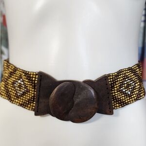 Vintage Belt S/M Bronz Gold Silver Beaded Wooden Buckle Stretch Boho